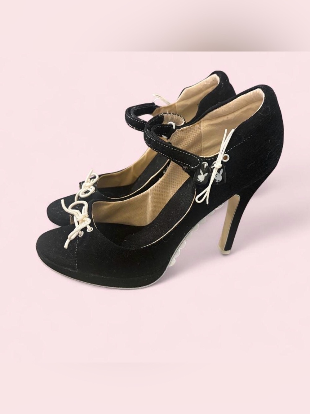 PLAYBOY Black High Heel Mary Jane Pumps with White Bow Details